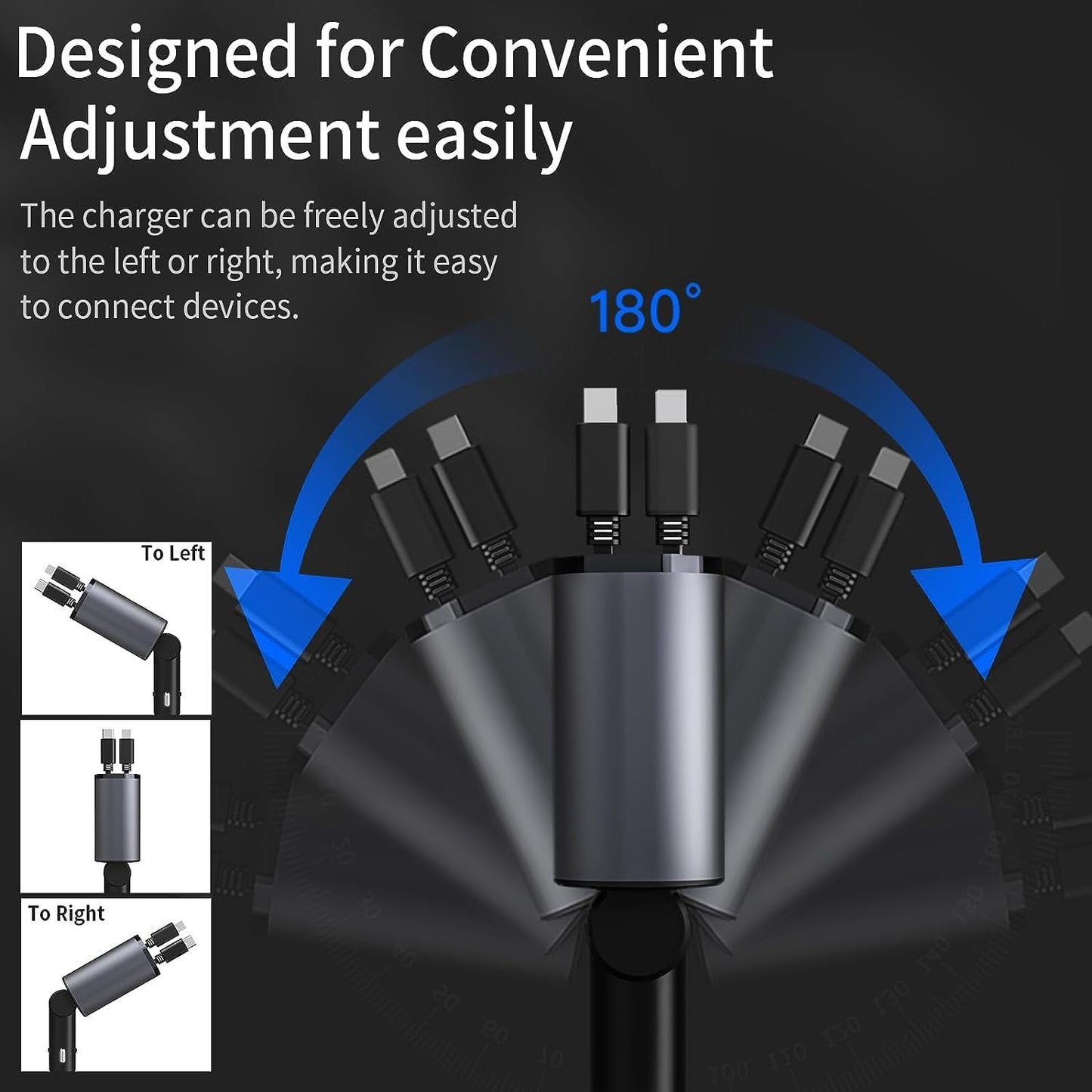 Chargeur de Voiture Rétractable 100 W Chargeur Téléphone 4 en 1 Câbles Charge Rapide Adaptateur de Chargeur de Voiture 2 Ports USB pour iPhone 15 iPad Galaxy Google Huawei