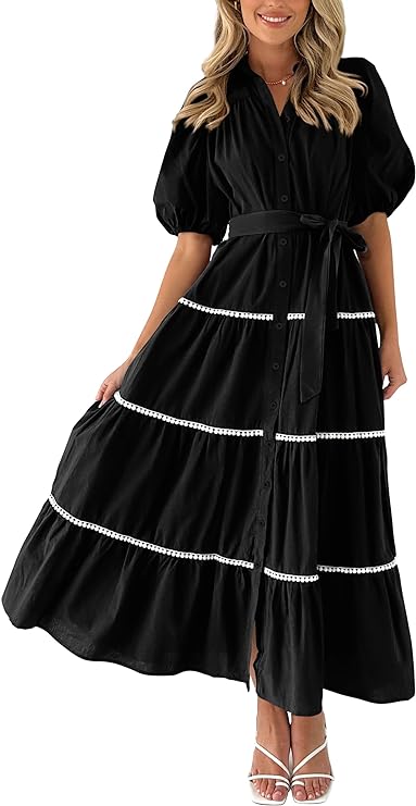 Robes Longues Maxi à Manches Courtes Bouffantes Volants Superposés Femmes