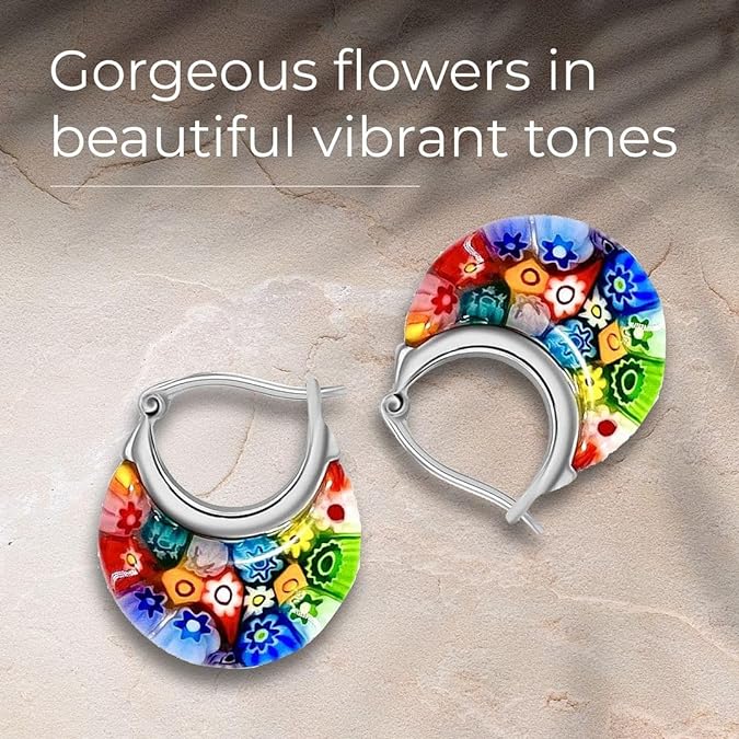 Boucles d'Oreilles Cercle en Verre Millefiori Style Murano Colorées Femmes