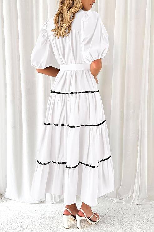 Robes Longues Maxi à Manches Courtes Bouffantes Volants Superposés Femmes