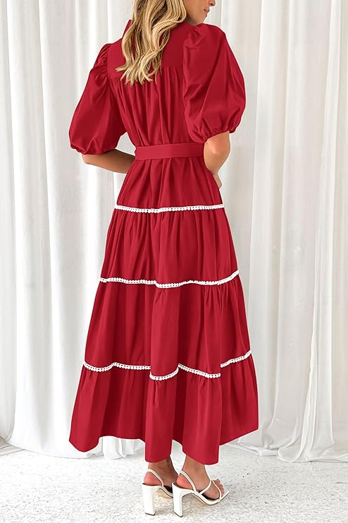 Robes Longues Maxi à Manches Courtes Bouffantes Volants Superposés Femmes