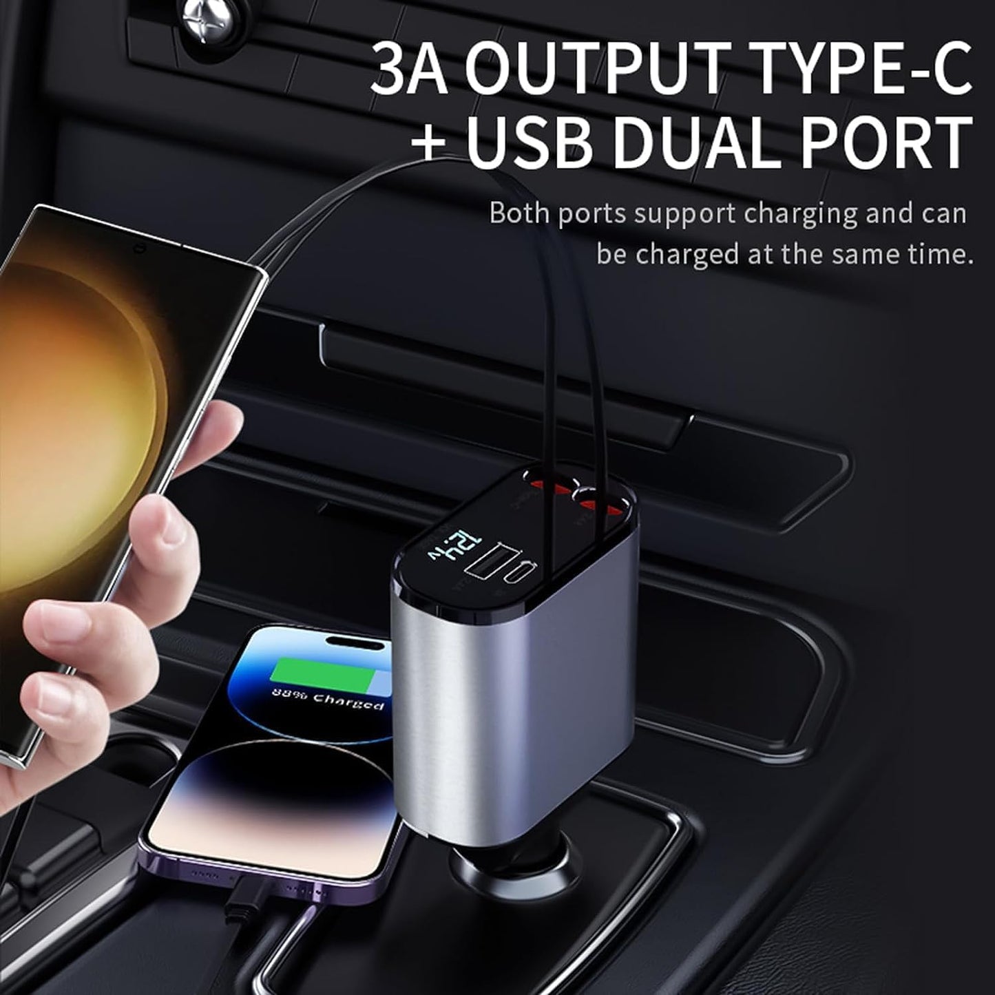 Chargeur de Voiture Rétractable 100 W Chargeur Téléphone 4 en 1 Câbles Charge Rapide Adaptateur de Chargeur de Voiture 2 Ports USB pour iPhone 15 iPad Galaxy Google Huawei