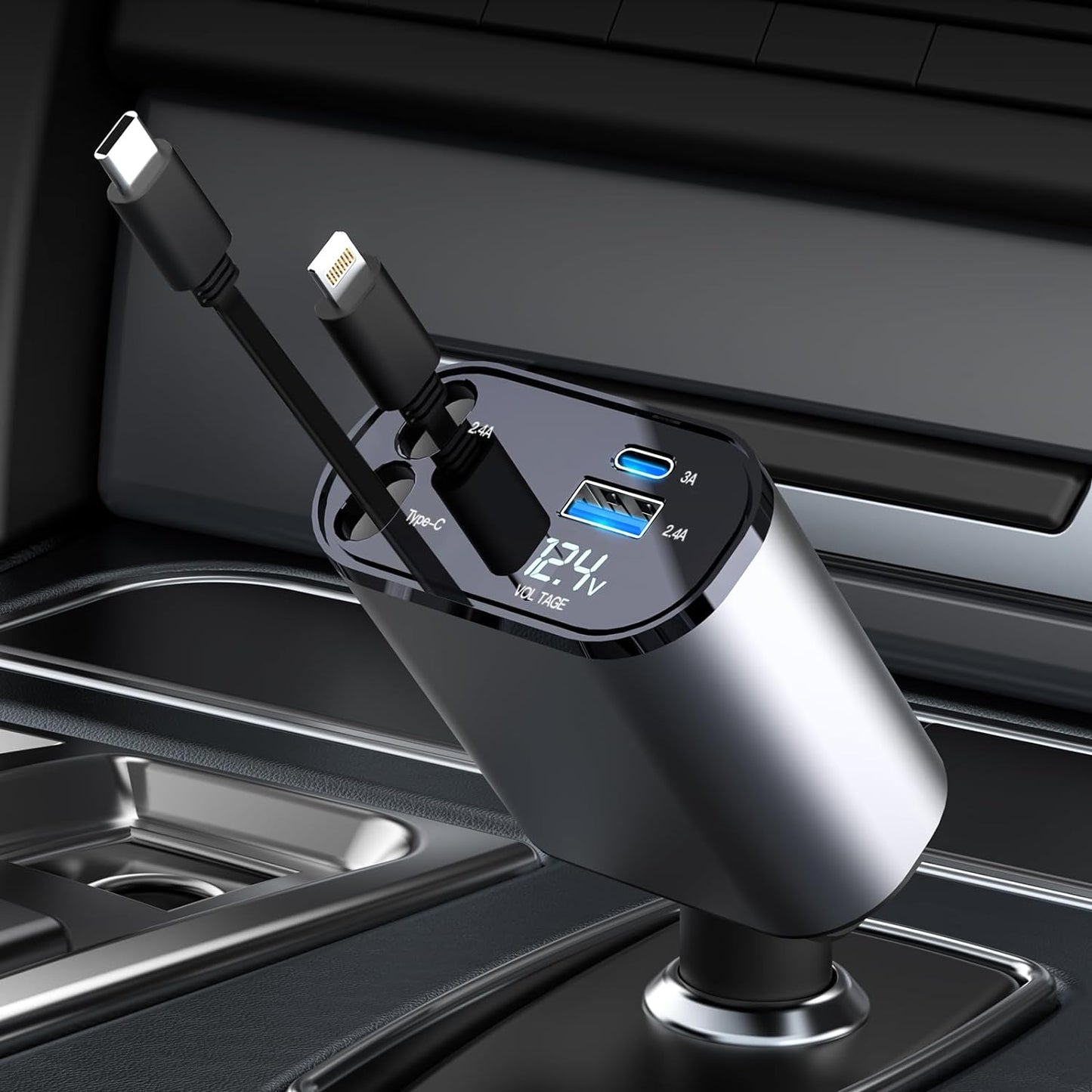 Chargeur de Voiture Rétractable 100 W Chargeur Téléphone 4 en 1 Câbles Charge Rapide Adaptateur de Chargeur de Voiture 2 Ports USB pour iPhone 15 iPad Galaxy Google Huawei