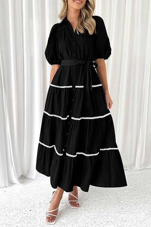 Robes Longues Maxi à Manches Courtes Bouffantes Volants Superposés Femmes