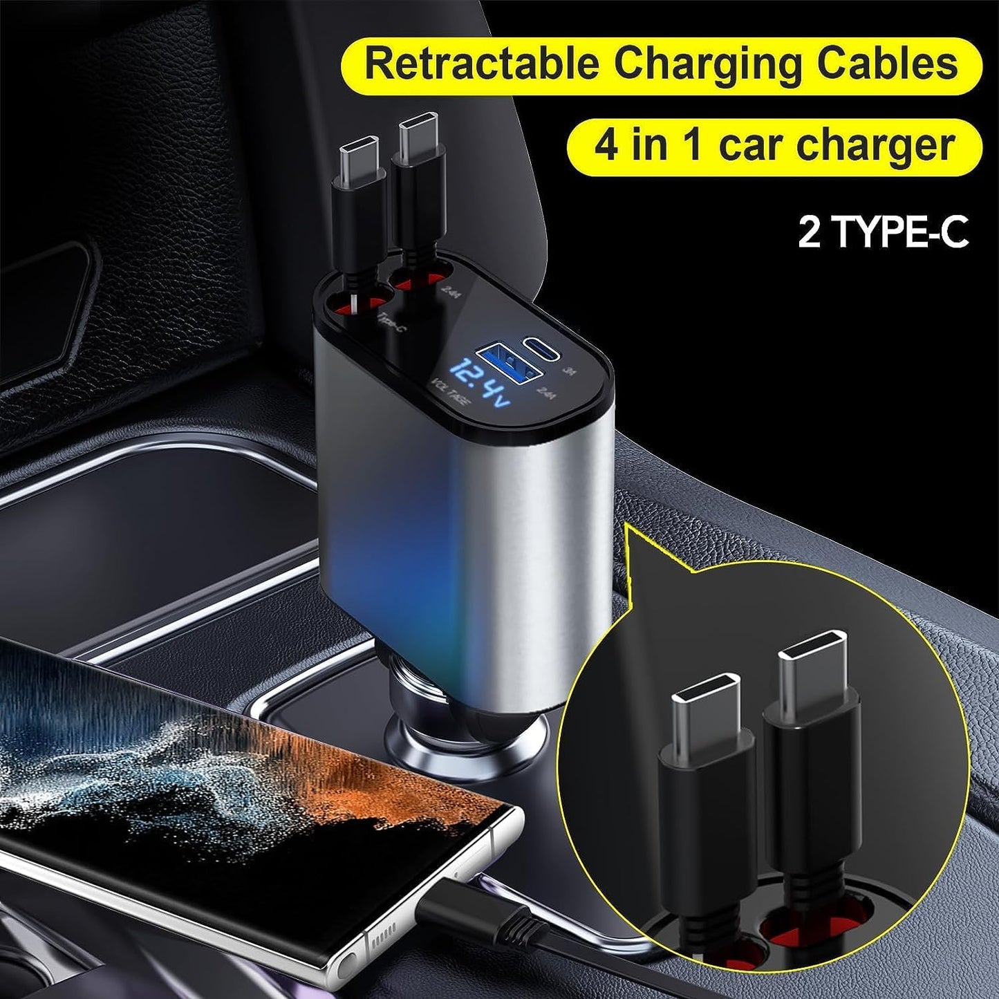 Chargeur de Voiture Rétractable 100 W Chargeur Téléphone 4 en 1 Câbles Charge Rapide Adaptateur de Chargeur de Voiture 2 Ports USB pour iPhone 15 iPad Galaxy Google Huawei