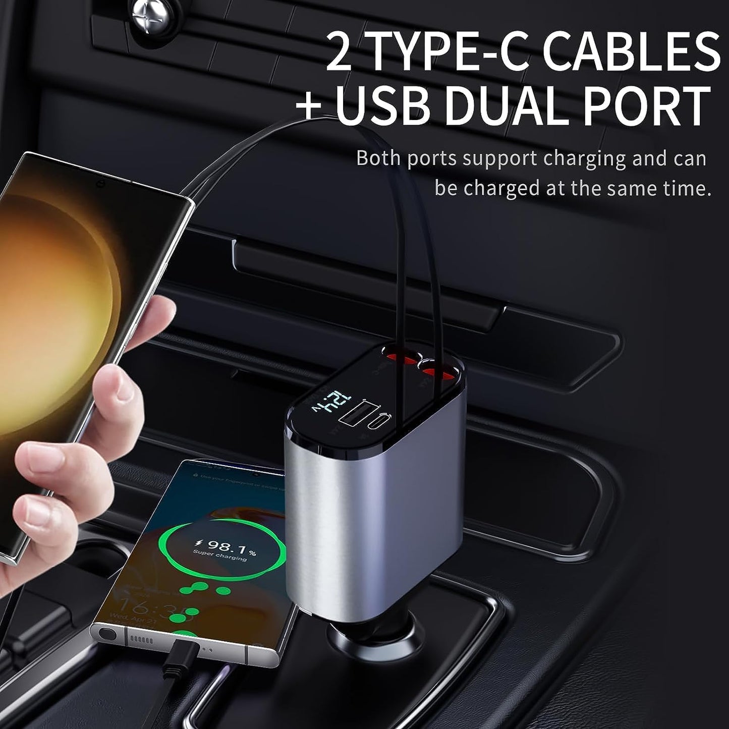 Chargeur de Voiture Rétractable 100 W Chargeur Téléphone 4 en 1 Câbles Charge Rapide Adaptateur de Chargeur de Voiture 2 Ports USB pour iPhone 15 iPad Galaxy Google Huawei