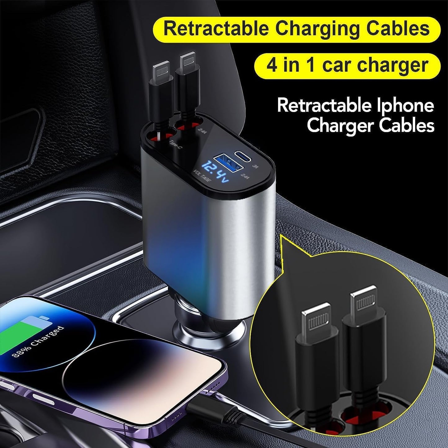 Chargeur de Voiture Rétractable 100 W Chargeur Téléphone 4 en 1 Câbles Charge Rapide Adaptateur de Chargeur de Voiture 2 Ports USB pour iPhone 15 iPad Galaxy Google Huawei