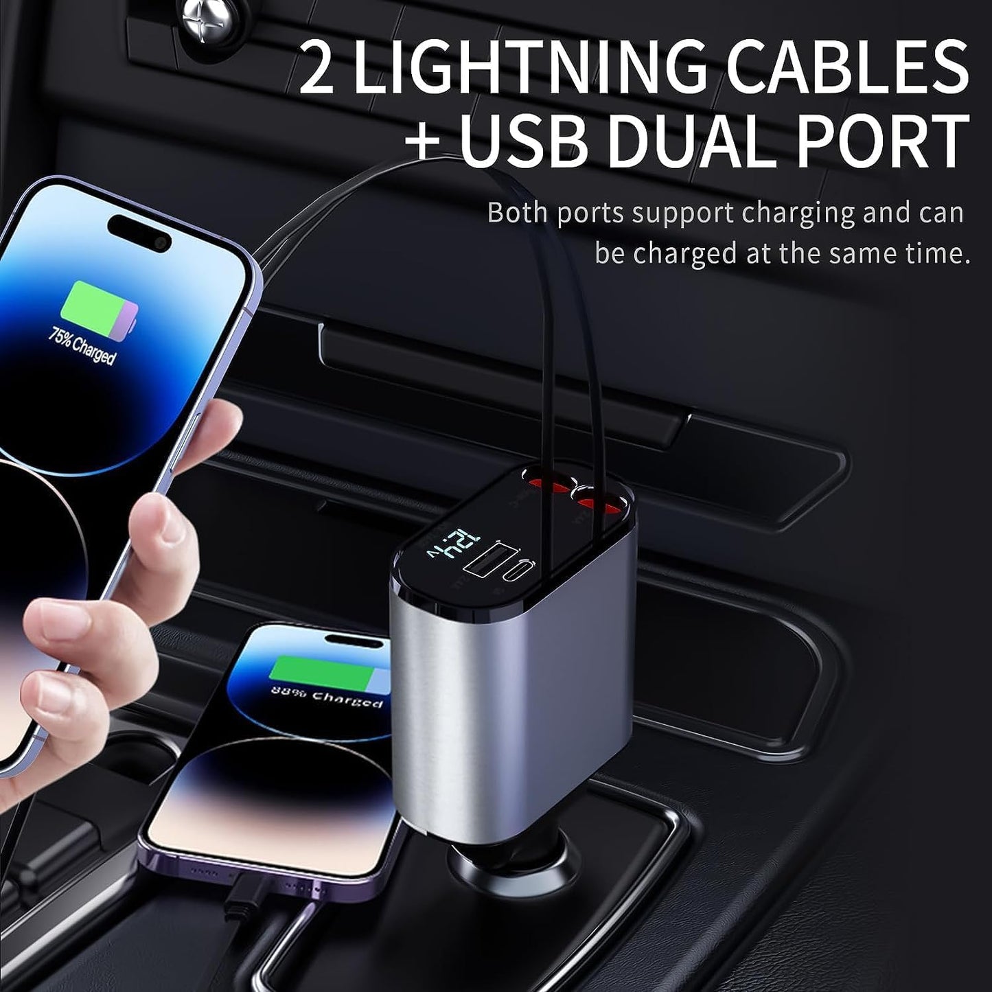 Chargeur de Voiture Rétractable 100 W Chargeur Téléphone 4 en 1 Câbles Charge Rapide Adaptateur de Chargeur de Voiture 2 Ports USB pour iPhone 15 iPad Galaxy Google Huawei