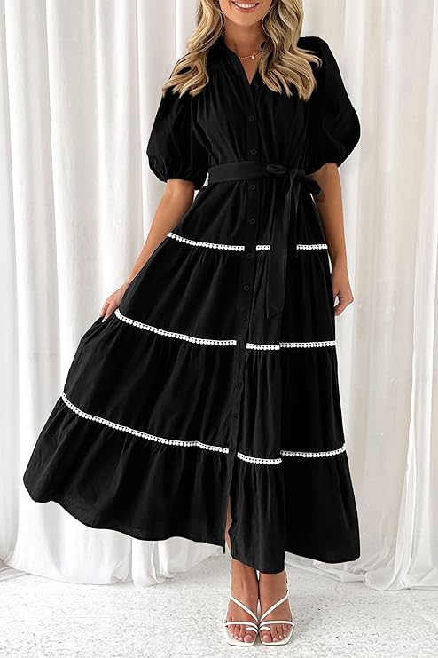 Robes Longues Maxi à Manches Courtes Bouffantes Volants Superposés Femmes
