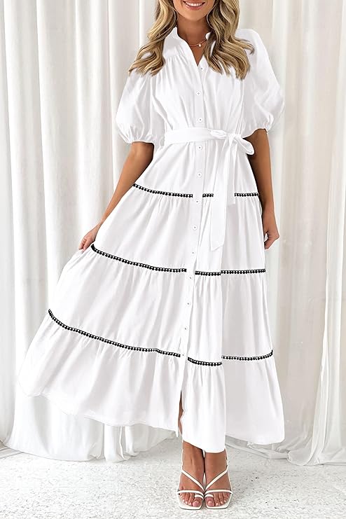 Robes Longues Maxi à Manches Courtes Bouffantes Volants Superposés Femmes