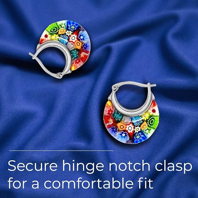 Boucles d'Oreilles Cercle en Verre Millefiori Style Murano Colorées Femmes