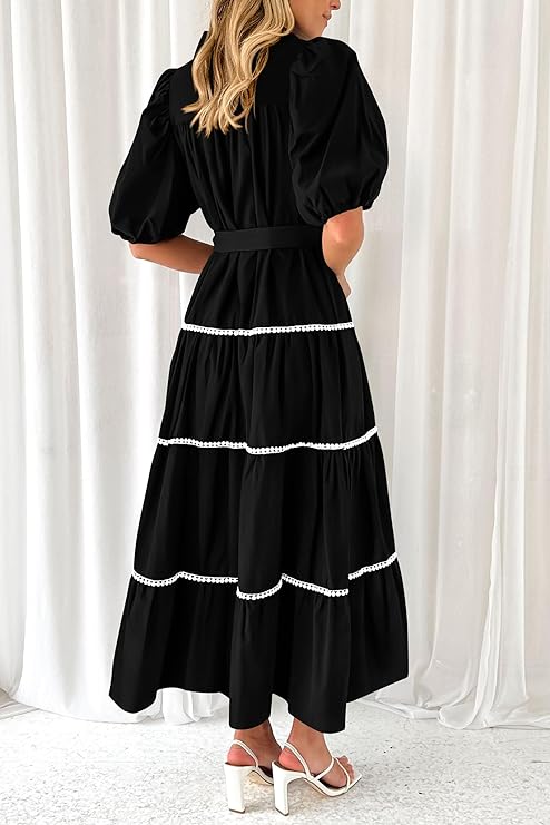 Robes Longues Maxi à Manches Courtes Bouffantes Volants Superposés Femmes