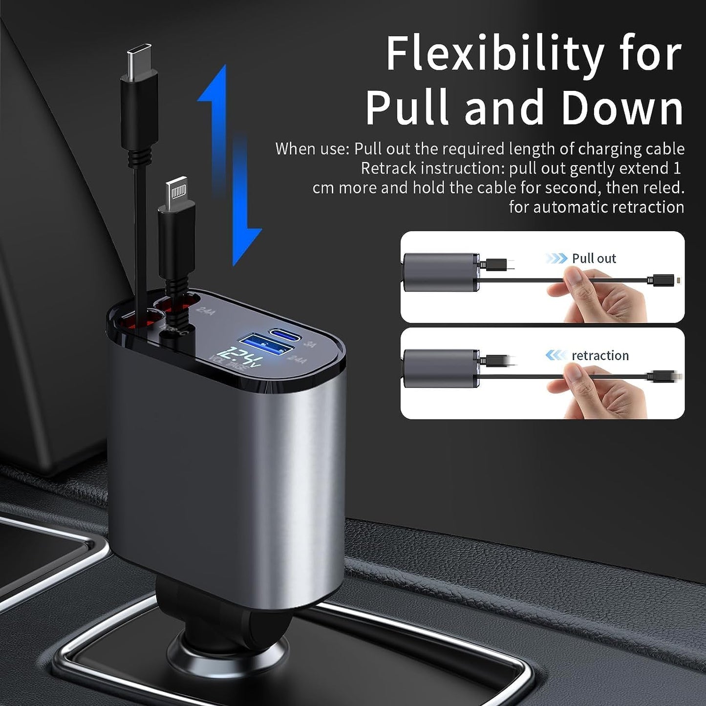 Chargeur de Voiture Rétractable 100 W Chargeur Téléphone 4 en 1 Câbles Charge Rapide Adaptateur de Chargeur de Voiture 2 Ports USB pour iPhone 15 iPad Galaxy Google Huawei