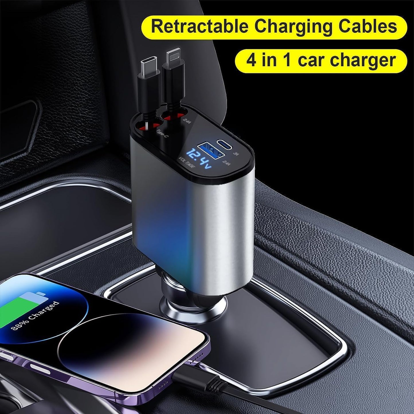 Chargeur de Voiture Rétractable 100 W Chargeur Téléphone 4 en 1 Câbles Charge Rapide Adaptateur de Chargeur de Voiture 2 Ports USB pour iPhone 15 iPad Galaxy Google Huawei