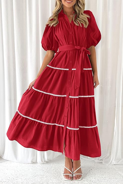 Robes Longues Maxi à Manches Courtes Bouffantes Volants Superposés Femmes
