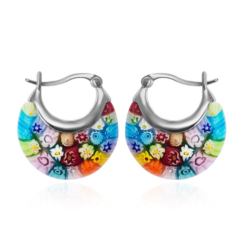 Boucles d'Oreilles Cercle en Verre Millefiori Style Murano Colorées Femmes