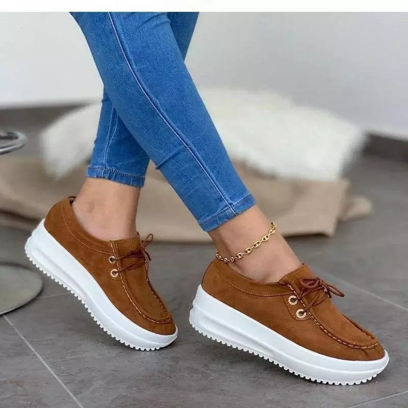 Baskets Compensées à Plateforme Femmes Chaussures Décontractées en Daim à Lacets pour Pieds Larges
