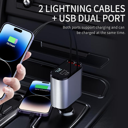 Chargeur de Voiture Rétractable 100 W Chargeur Téléphone 4 en 1 Câbles Charge Rapide Adaptateur de Chargeur de Voiture 2 Ports USB pour iPhone 15 iPad Galaxy Google Huawei