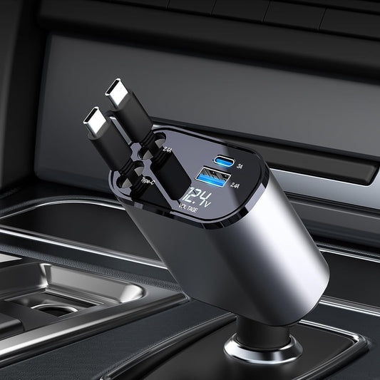 Chargeur de Voiture Rétractable 100 W Chargeur Téléphone 4 en 1 Câbles Charge Rapide Adaptateur de Chargeur de Voiture 2 Ports USB pour iPhone 15 iPad Galaxy Google Huawei