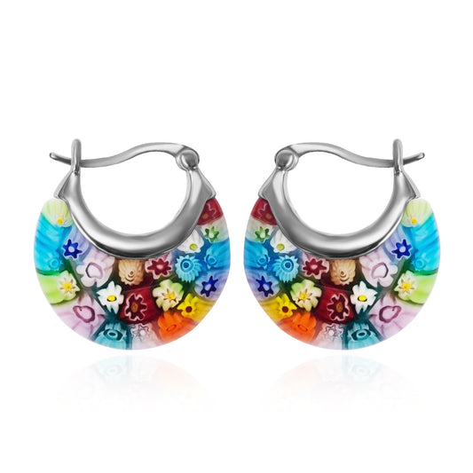 Boucles d'Oreilles Cercle en Verre Millefiori Style Murano Colorées Femmes