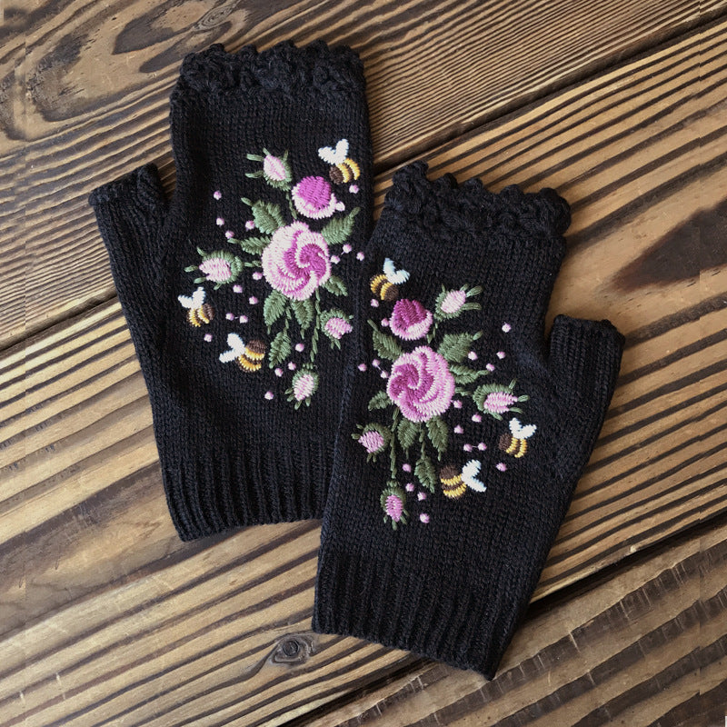 Botma Gants brodés en laine tricotés à la main