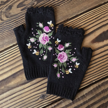 Botma Gants brodés en laine tricotés à la main