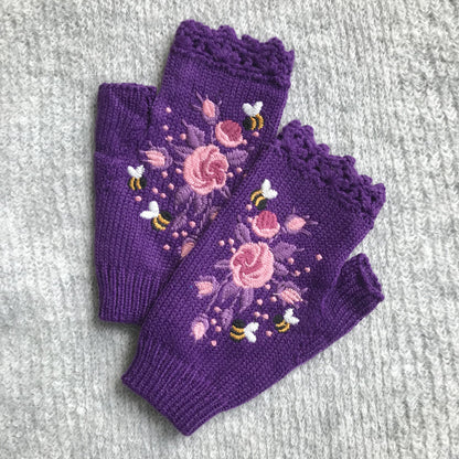 Botma Gants brodés en laine tricotés à la main