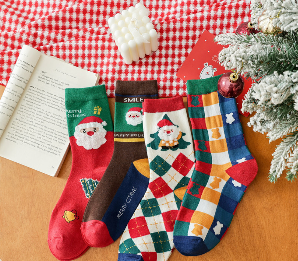 Chaussettes de Noël pour femmes, mi-mollet, en coton, pour l'automne et l'hiver SO10