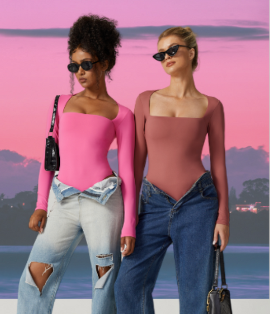 Body pour femmes sexy à encolure carrée, hauts à double chemise à manches longues-VH17