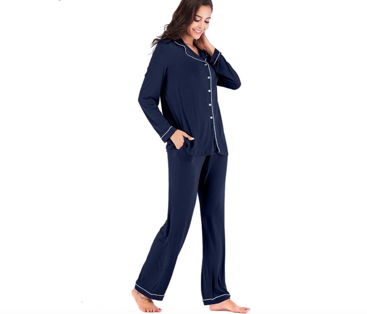 Ensemble pyjama long en modal，Ensembles de pyjama pour femmes à manches longues et fermeture boutonnée, vêtements de nuit doux, ensembles de détente-SH28