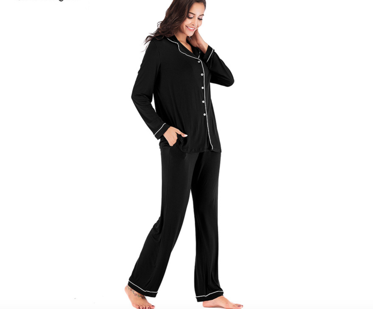 Ensemble pyjama long en modal，Ensembles de pyjama pour femmes à manches longues et fermeture boutonnée, vêtements de nuit doux, ensembles de détente-SH28