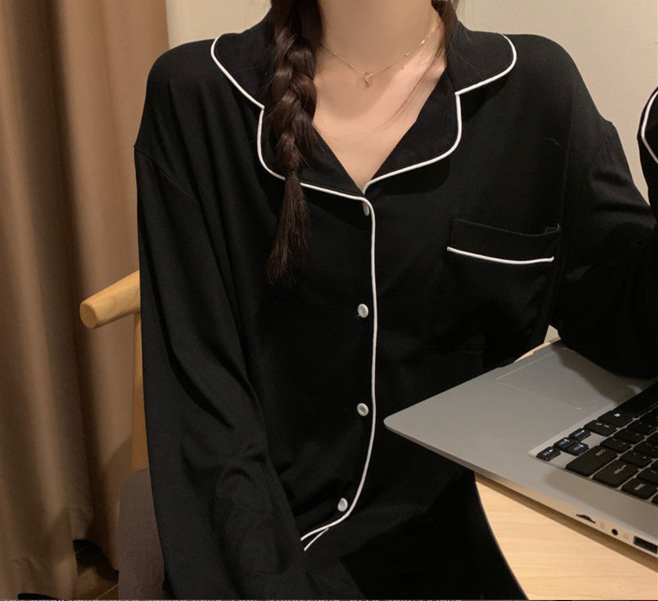Ensemble pyjama long en modal，Ensembles de pyjama pour femmes à manches longues et fermeture boutonnée, vêtements de nuit doux, ensembles de détente-SH28