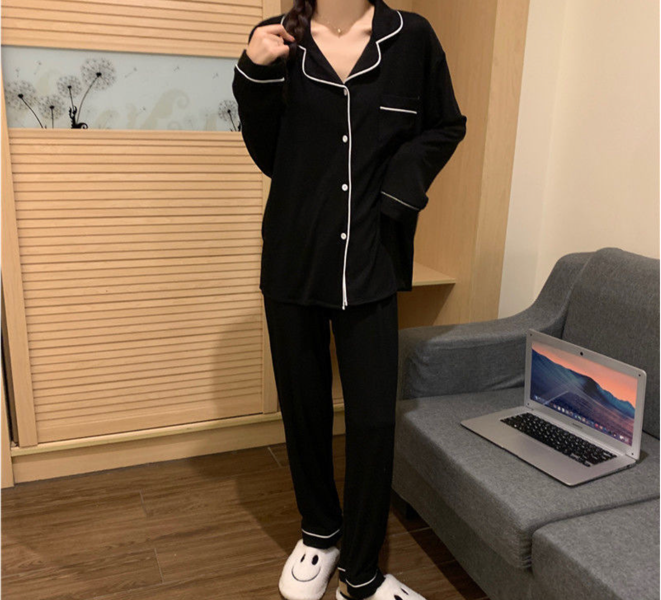Ensemble pyjama long en modal，Ensembles de pyjama pour femmes à manches longues et fermeture boutonnée, vêtements de nuit doux, ensembles de détente-SH28