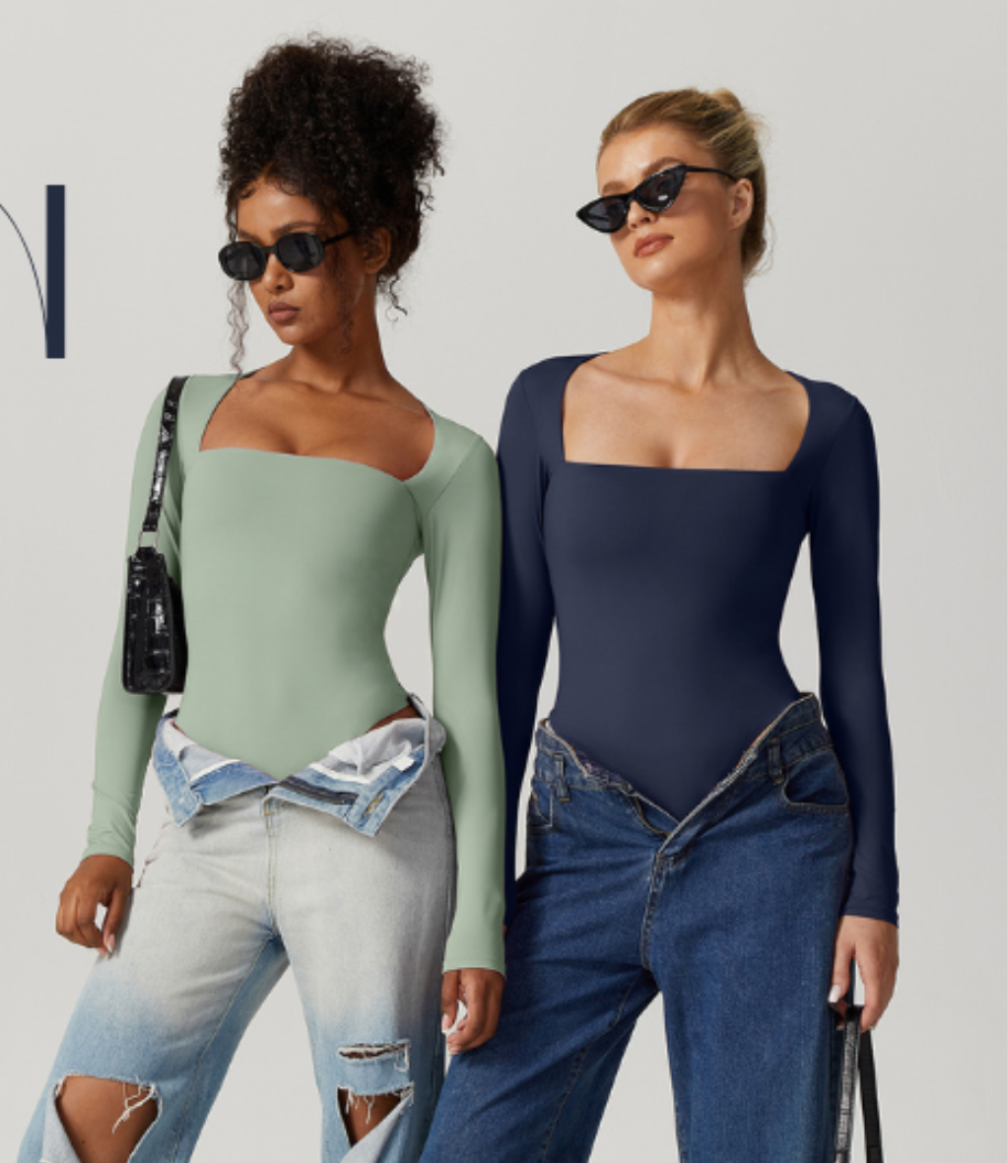 Body pour femmes sexy à encolure carrée, hauts à double chemise à manches longues-VH17