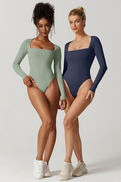 Body pour femmes sexy à encolure carrée, hauts à double chemise à manches longues-VH17