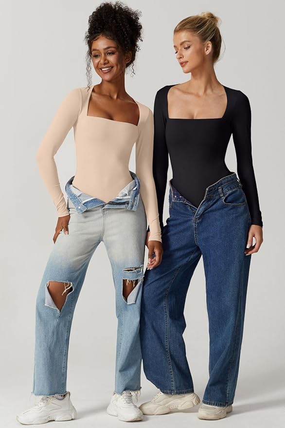 Body pour femmes sexy à encolure carrée, hauts à double chemise à manches longues-VH17