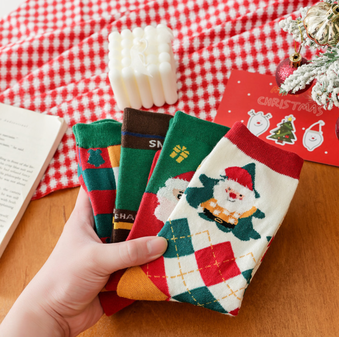 Chaussettes de Noël pour femmes, mi-mollet, en coton, pour l'automne et l'hiver SO10