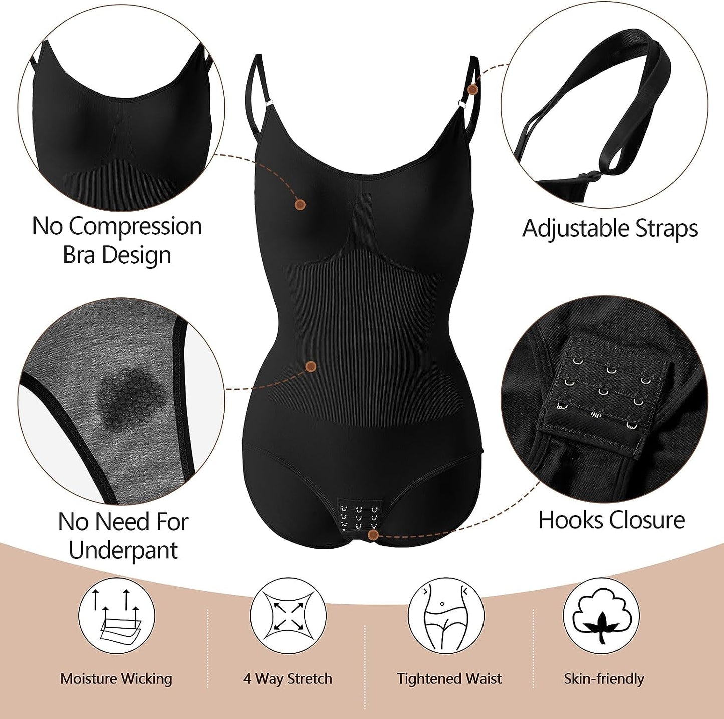 Combinaison gainante pour femmes en 3 pièces avec contrôle du ventre, culotte remonte-fesses et shapewear amincissant extensible-VH02