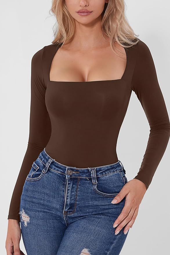 Body pour femmes sexy à encolure carrée, hauts à double chemise à manches longues-VH17