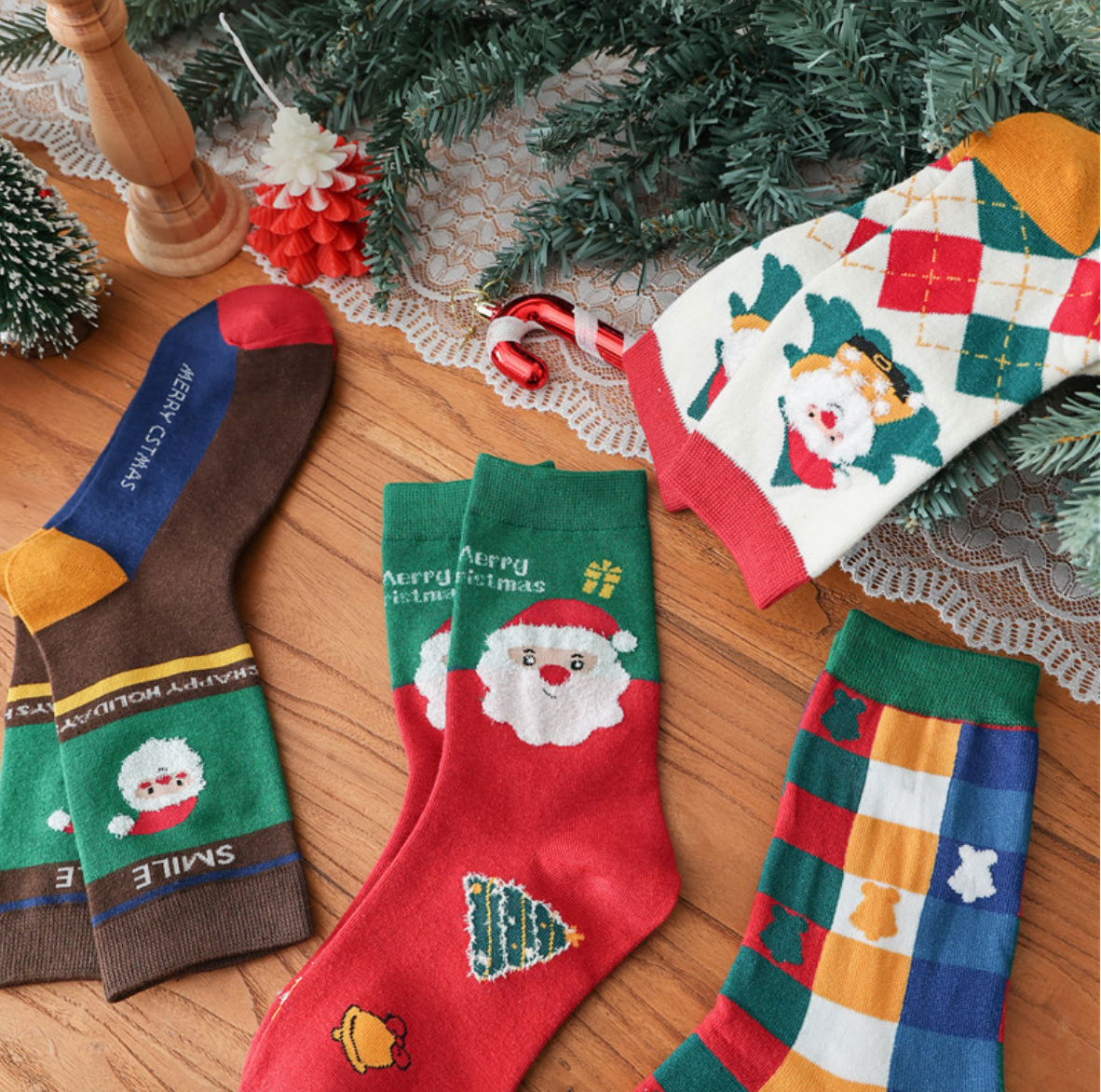 Chaussettes de Noël pour femmes, mi-mollet, en coton, pour l'automne et l'hiver SO10