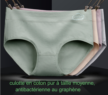 Graphène antibactérien femmes pur coton Panty femmes，Culotte en coton pur à taille moyenne pour femme-VH16