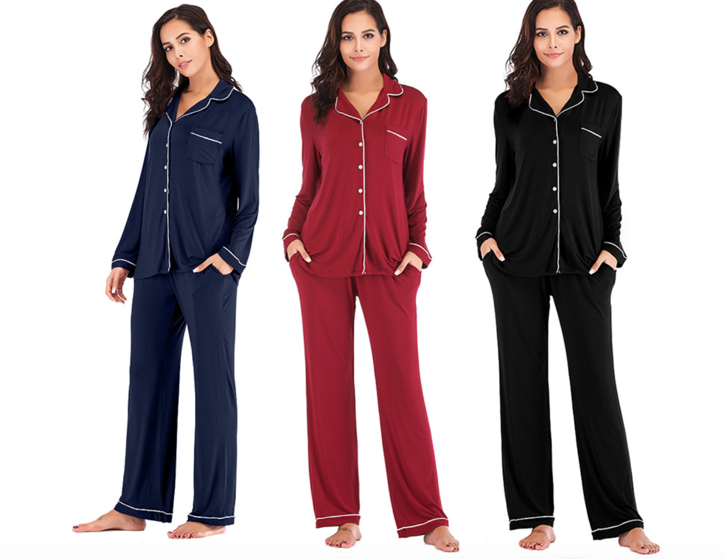 Ensemble pyjama long en modal，Ensembles de pyjama pour femmes à manches longues et fermeture boutonnée, vêtements de nuit doux, ensembles de détente-SH28