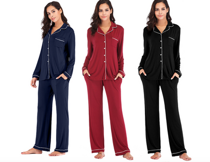 Ensemble pyjama long en modal，Ensembles de pyjama pour femmes à manches longues et fermeture boutonnée, vêtements de nuit doux, ensembles de détente-SH28