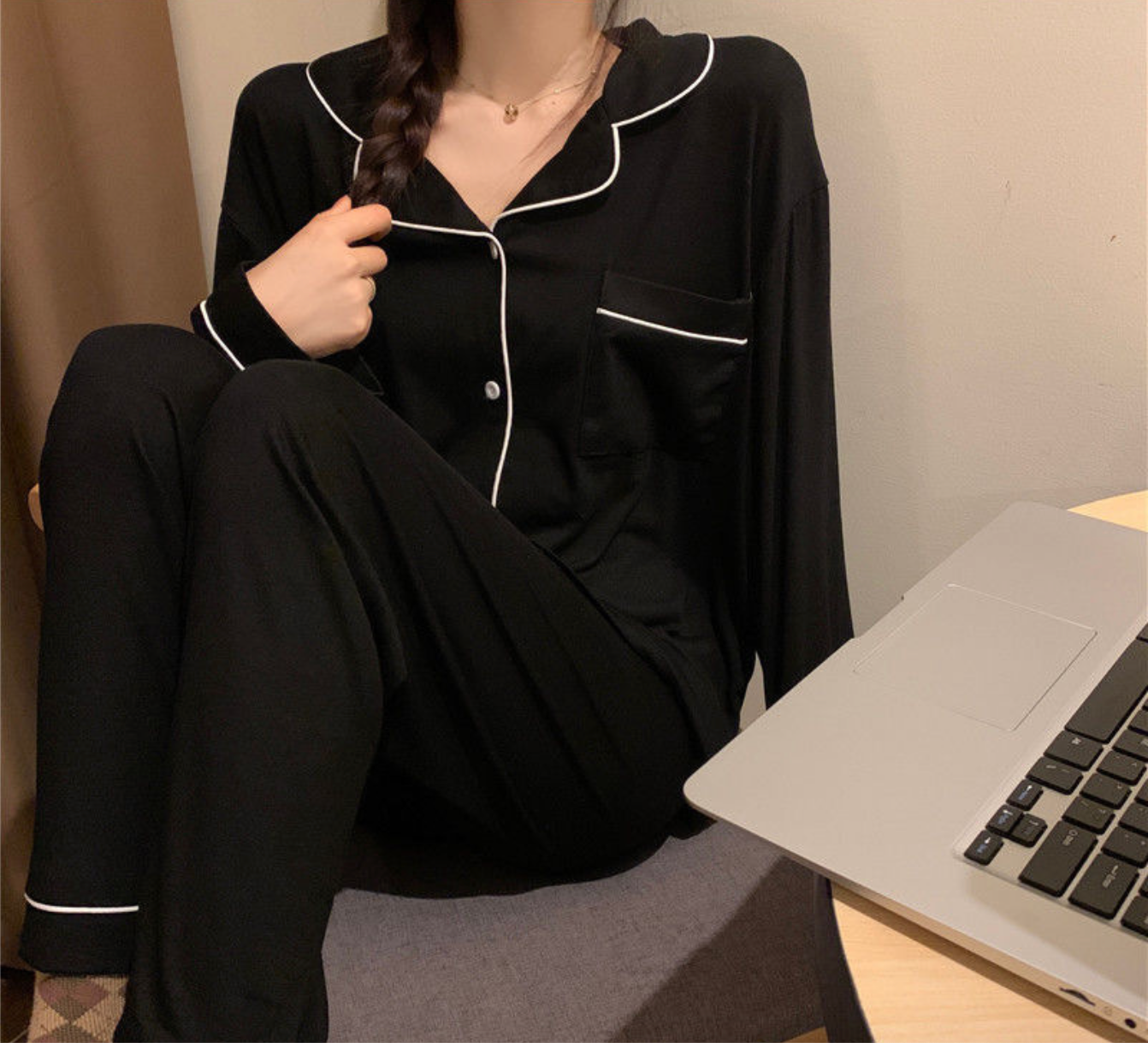 Ensemble pyjama long en modal，Ensembles de pyjama pour femmes à manches longues et fermeture boutonnée, vêtements de nuit doux, ensembles de détente-SH28