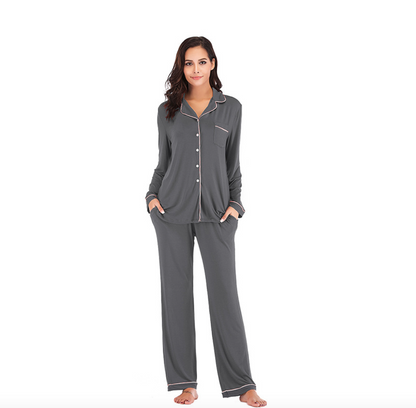 Ensemble pyjama long en modal，Ensembles de pyjama pour femmes à manches longues et fermeture boutonnée, vêtements de nuit doux, ensembles de détente-SH28
