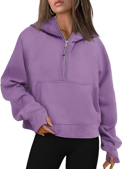 🎉Soldes du Nouvel An 2024! 🔥 Pull à capuche demi - zippé de sport en polaire d'hiver pour femmes MY04